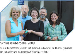 Schlüsselübergabe 2009 v.l.n.r. Fr. Sommer und Hr. Ertl (United Initiators), Fr. Dümer (Caritas), Hr. Schuster und Fr. Heinsdorf (Isartaler Tisch)